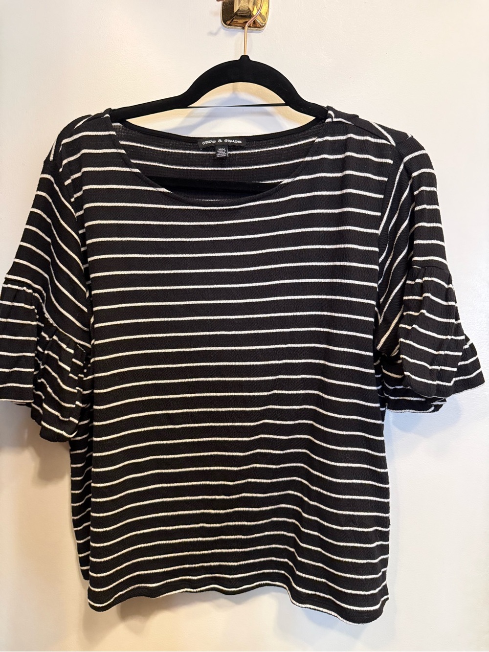 Cable & Gauge Black and White Striped Ruffle Sleeve Tee